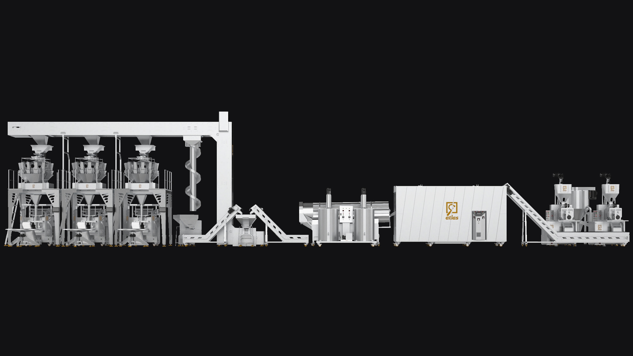 Ligne de production de Chips de maïs 400 Kg/h équipée d'un four de trois couches avec trois machines de conditionnement à système de pesée